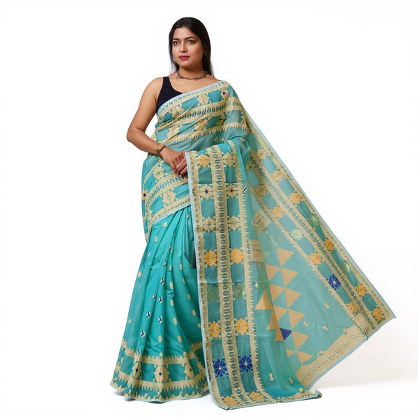 Blue & light yellow dhakai jamdani saree