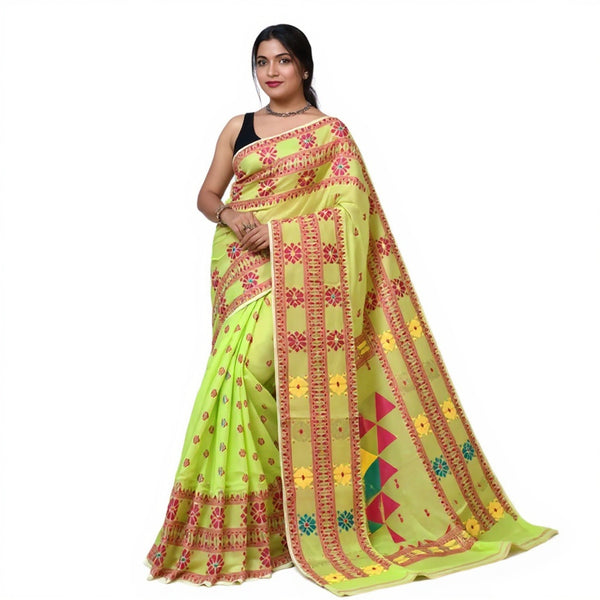 Pista green & red dhakai jamdani saree