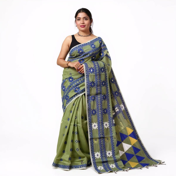 Light green & blue dhakai jamdani saree