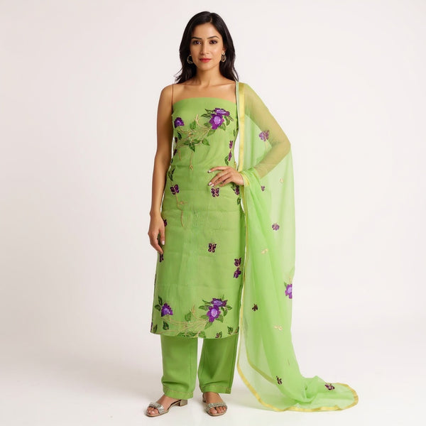 Pista Green Embroidered Kota doria suit