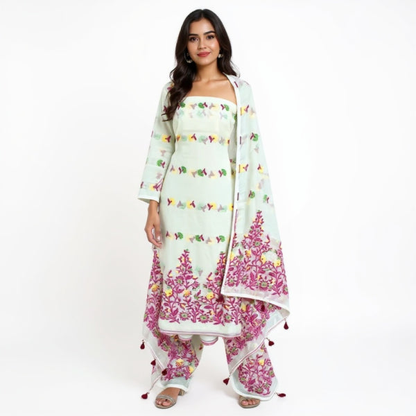 White Color Dhakai Jamdani 2pcs Suit Set - Exquisite Handwoven Cotton Jamdani Suit Material with Intricate Patterns and Matching Dupatta - Perfect for All Occasions