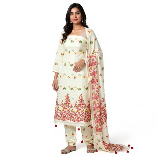 Off White Color Dhakai Jamdani 2pcs Suit Set - Exquisite Handwoven Cotton Jamdani Suit Material with Intricate Patterns and Matching Dupatta - Perfect for All Occasions