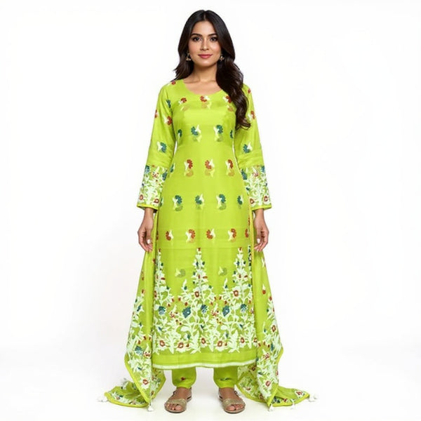 Lemon Green Color Dhakai Jamdani 2pcs Suit Set - Exquisite Handwoven Cotton Jamdani Suit Material with Matching Dupatta - Perfect for Any Occasion