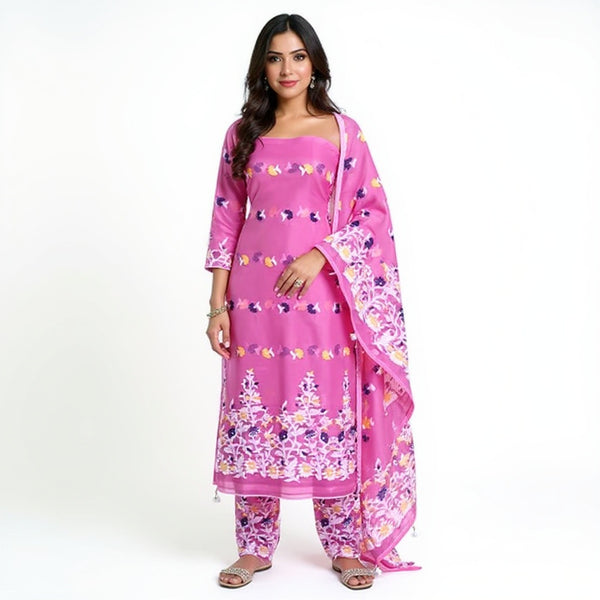Pink Color Dhakai Jamdani 2pcs Suit Set - Exquisite Handwoven Cotton Jamdani Suit with Matching Dupatta - Perfect Blend of Tradition and Modernity for Any Occasion