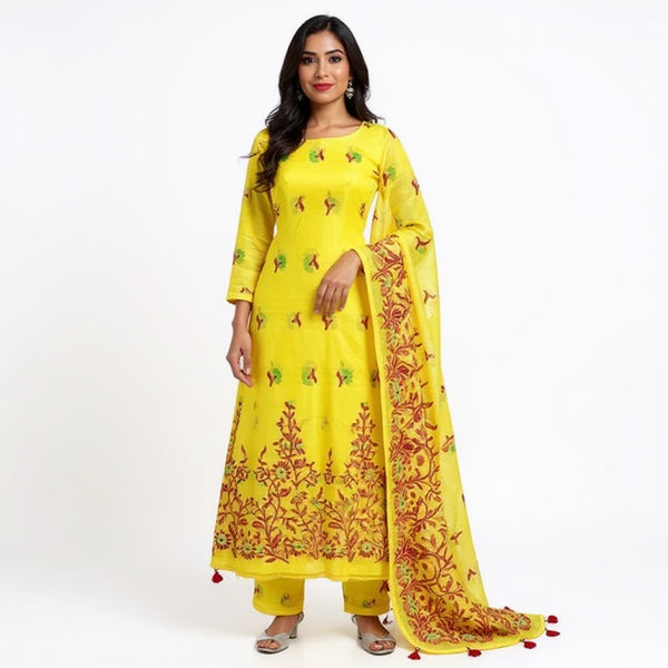 Mustard Color Dhakai Jamdani 2pcs Suit Set - Handwoven Cotton Jamdani Suit Material with Intricate Patterns and Matching Dupatta - Perfect for Any Occasion