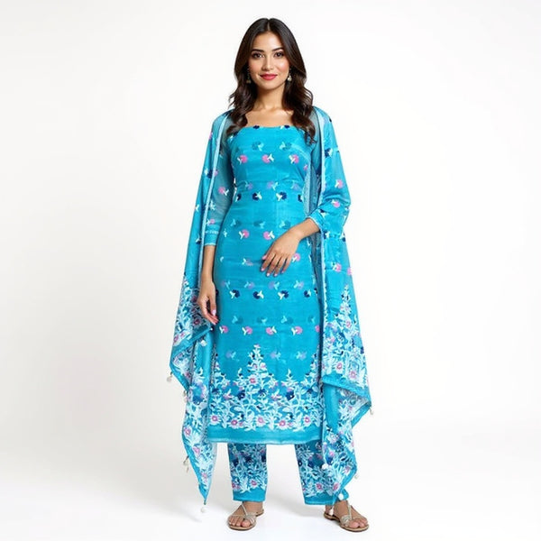 Blue Color Dhakai Jamdani 2pcs Suit Set - Exquisite Handwoven Cotton Jamdani Suit with Matching Dupatta - Ideal for Special Occasions - Traditional Bengali Weave with Contemporary Design Elements