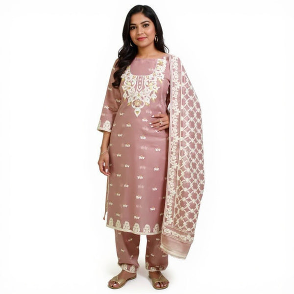 Light Mauve Color Cotton Dhakai Jamdani Suit Set – Handwoven Premium Cotton with Dupatta