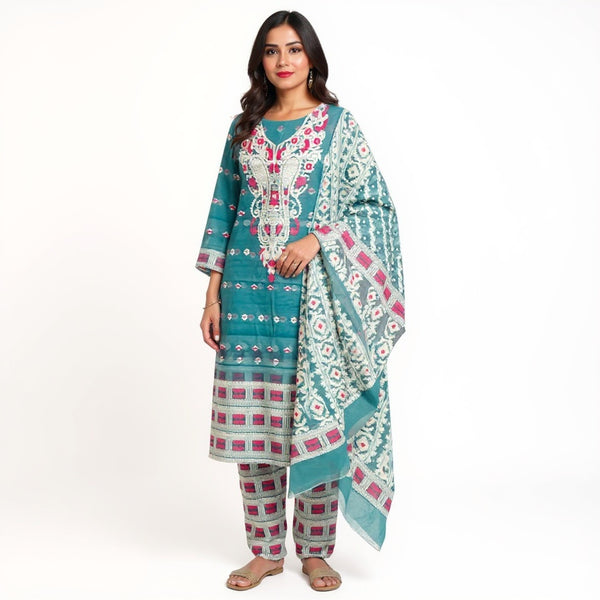 Elegant Blue & White Color Jamdani 2-Piece Suit Set – Premium Handwoven Cotton with Matching Dupatta