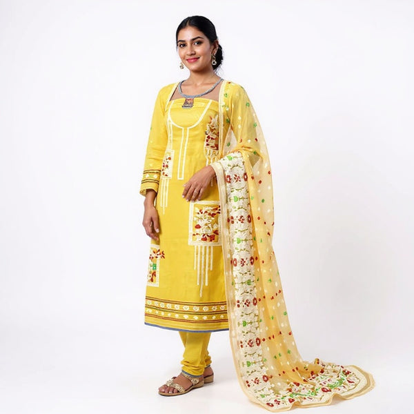 Yellow color 2 pcs dhakai jamdani suit set