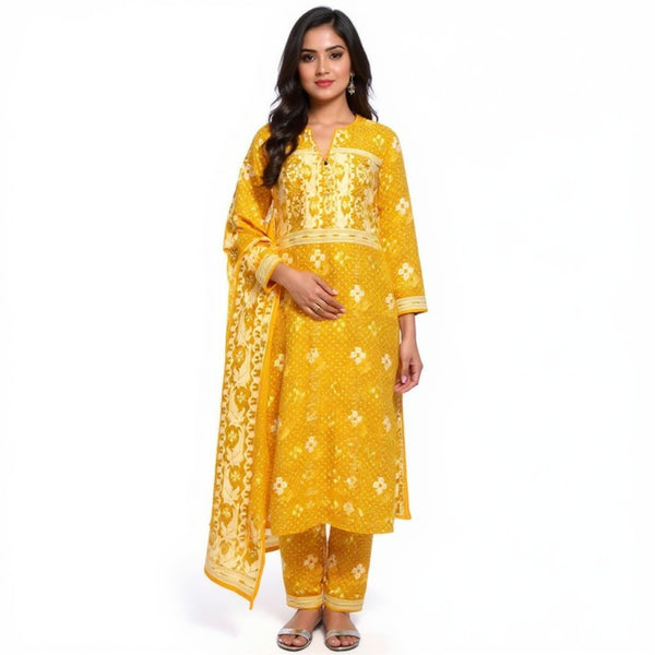Yellow & white jamdani suit