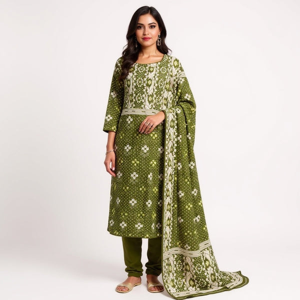 Mehandi green & white jamdani suit