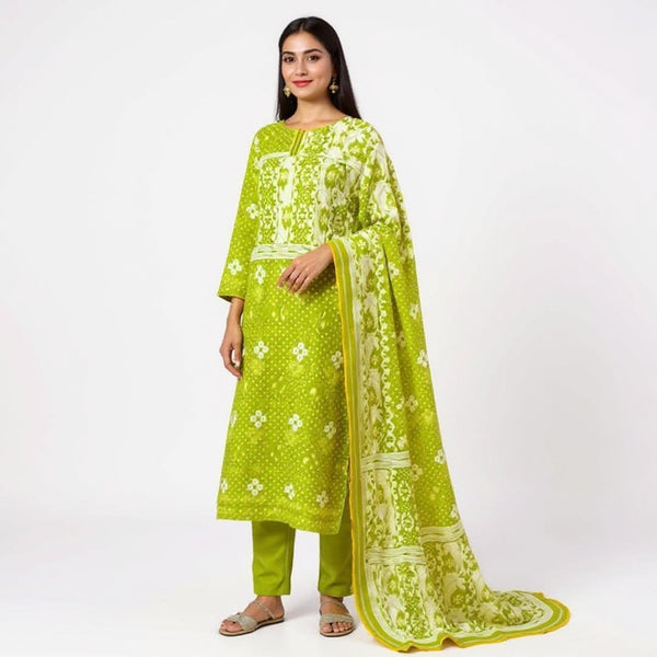 Fluorescent parrot green & white jamdani suit