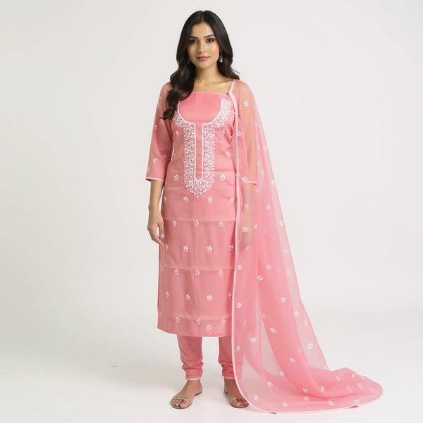 Peach  Kota Doria Suit with Multi-Color Embroidery | Unstitched 2-Piece Women's Ethnic Set | Perfect for Indian Summers