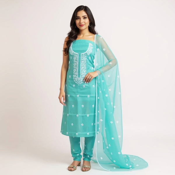 Light blue suit with white color Embroidered Kota doria suit