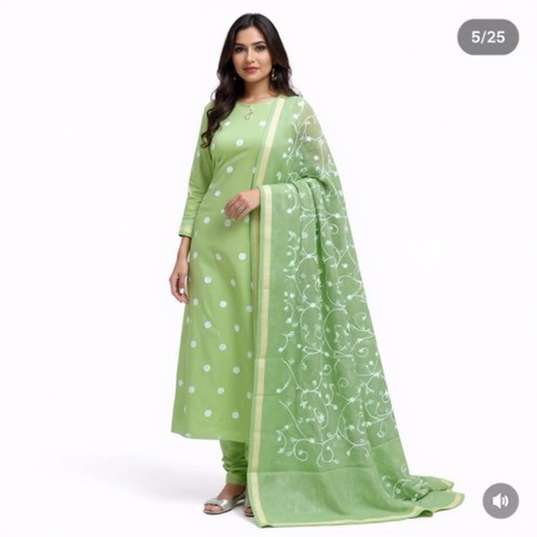 Pista Green Embroidered Kurta with Matching Dupatta – 2-Piece Kota Doria Cotton Suit Set for Summer