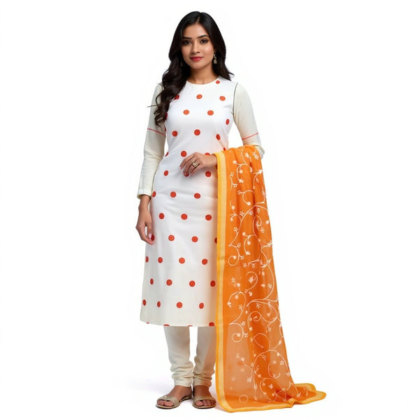 White Kurta with Vibrant Orange Embroidered Dupatta – 2-Piece Kota Doria Cotton Suit Set for Summer