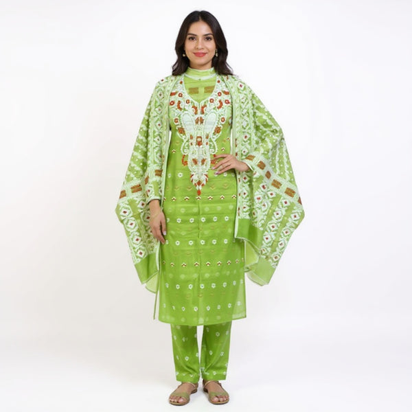 Parrot green & white color jamdani 2 pcs suit