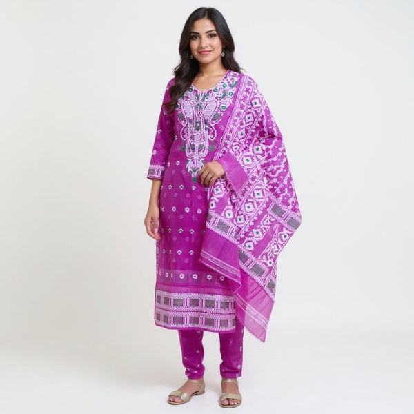 Lavender & white color jamdani 2 pcs suit