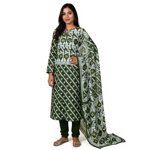Bottle green & white color 2 pcs jamdani suit