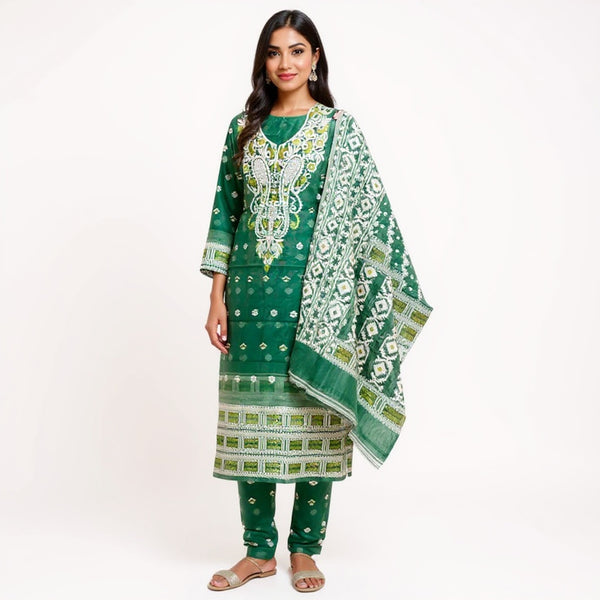 Bottle green & white color jamdani 2 pcs suit