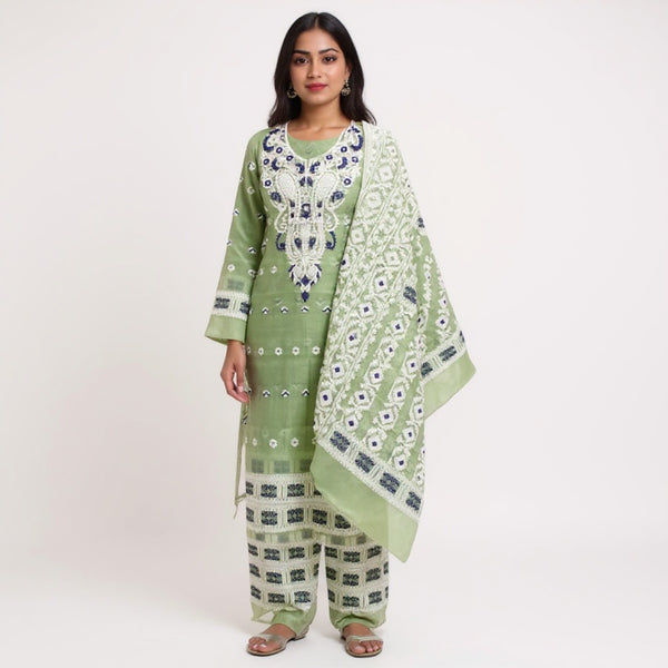 Mehandi & white color jamdani 2 pcs suit
