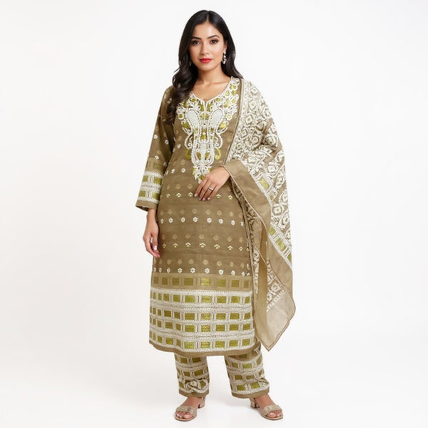Brown & white color jamdani 2 pcs suit