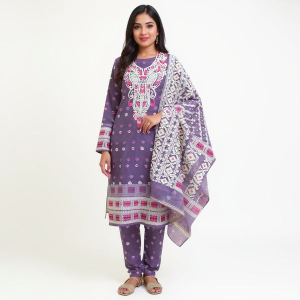 Cotton Jamdani 2pcs Mauve & White Color Suit Set