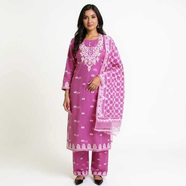 Cotton Dhakai Jamdani 2pcs Light Magenta Color Suit Set
