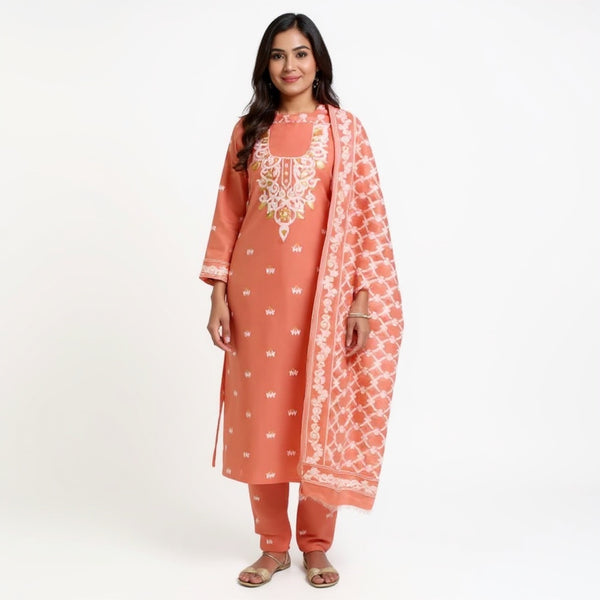 Orange Color Cotton Dhakai Jamdani Suit Set