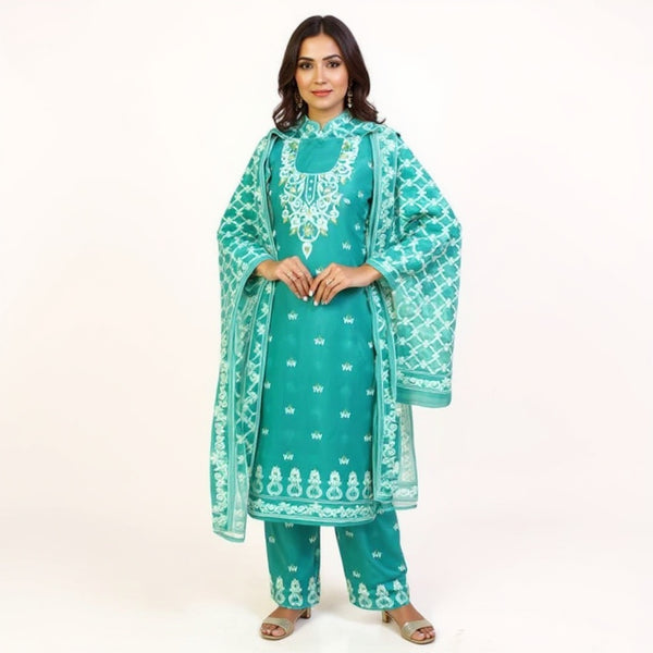 Teal blue Color Cotton Dhakai Jamdani Suit Set