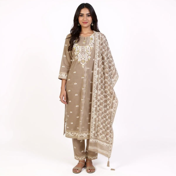 Light brown Color Cotton Dhakai Jamdani Suit Set
