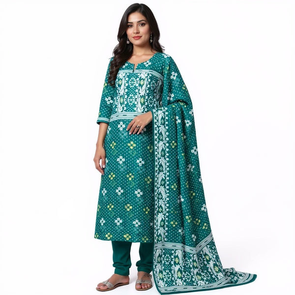 Bottle green & white jamdani suit