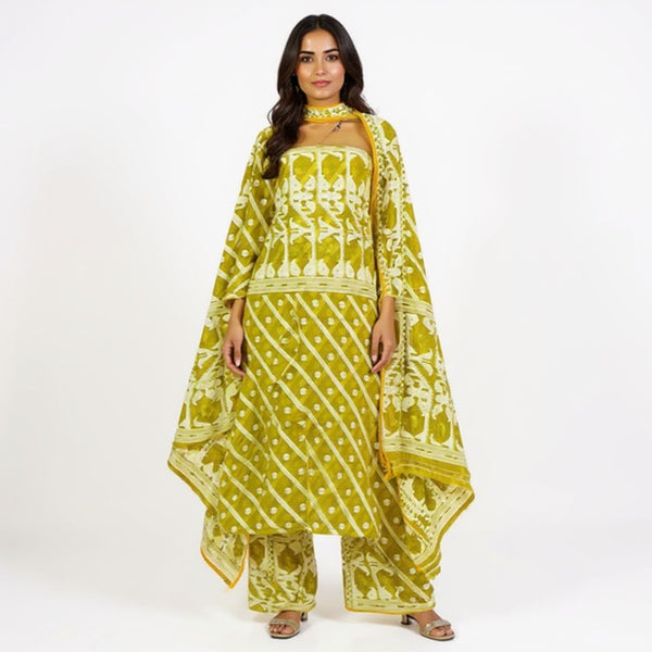 Mustard Yellow & white color 2 pcs jamdani suit