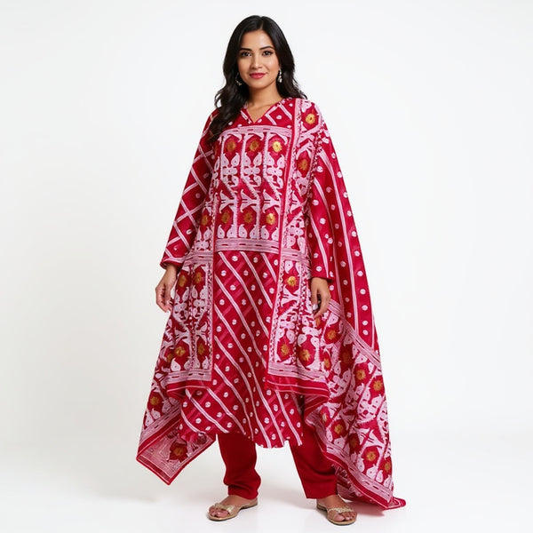 Red & white color 2 pcs jamdani suit
