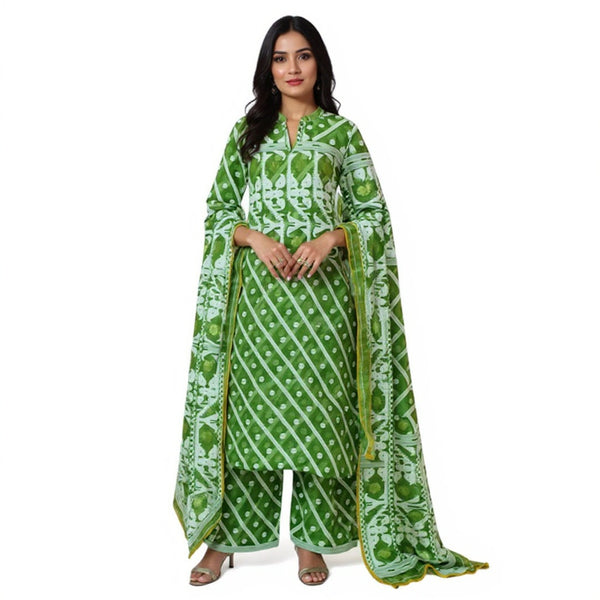 Parrot green & white color 2 pcs jamdani suit