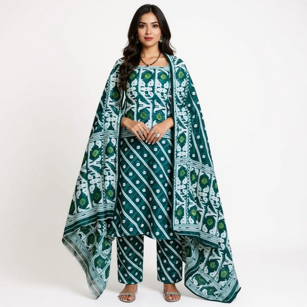 Teal green & white color 2 pcs jamdani suit