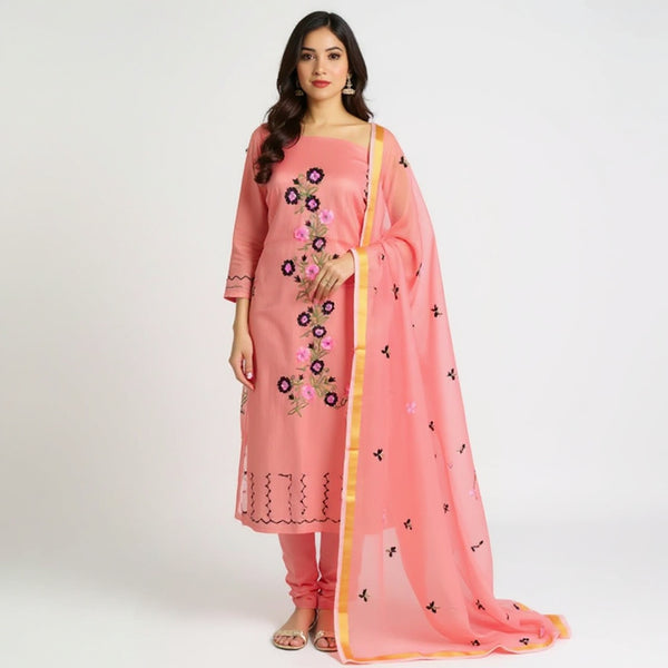 Peach Embroidered Kota doria suit