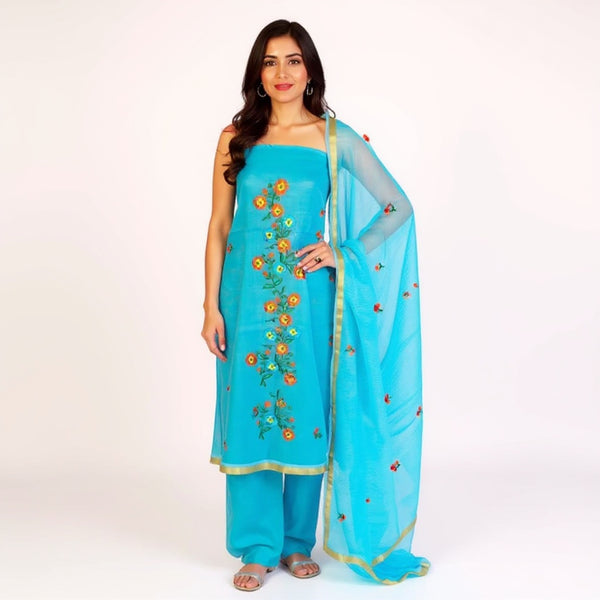 Blue Embroidered Kota doria suit