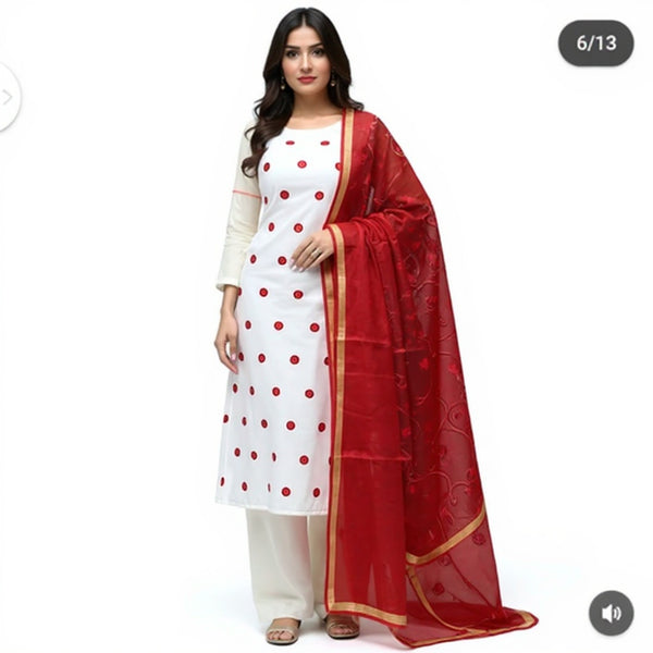 Stylish White Kurta with Red Embroidered Dupatta – 2-Piece Kota Doria Cotton Suit Set for Women