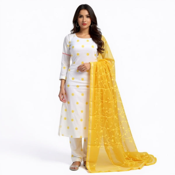 Stylish White Kurta with Yellow Embroidered Dupatta – 2-Piece Cotton Kota Doria Suit Set for Women