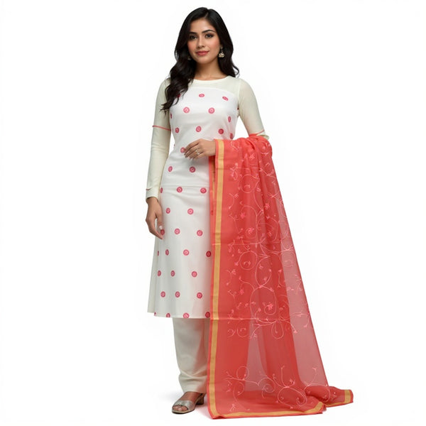Stylish White Embroidered Kurta with Vibrant Orange Dupatta – 2-Piece Kota Doria Cotton Suit Set for Women