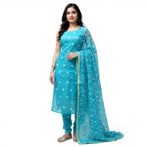 Blue Kota Doria Cotton 2-Piece Embroidered Suit Set – Light & Breathable Daily Wear Dress Material
