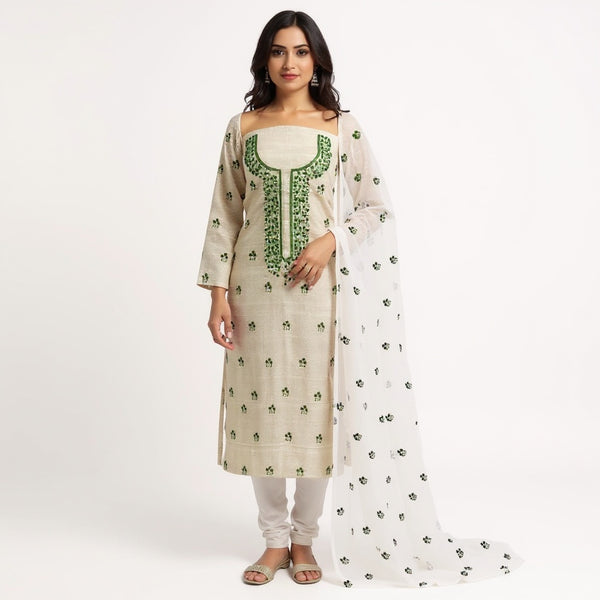 White suit with green color Embroidered Kota doria suit