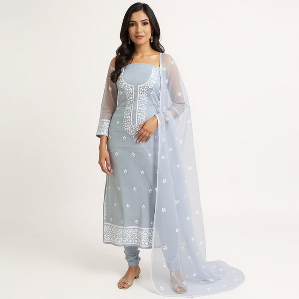 Light grey suit with white color Embroidered Kota doria suit