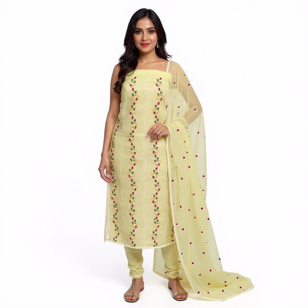 Kota Doria Unstitched Light yellow color with multi color 2pcs embroidered suit set