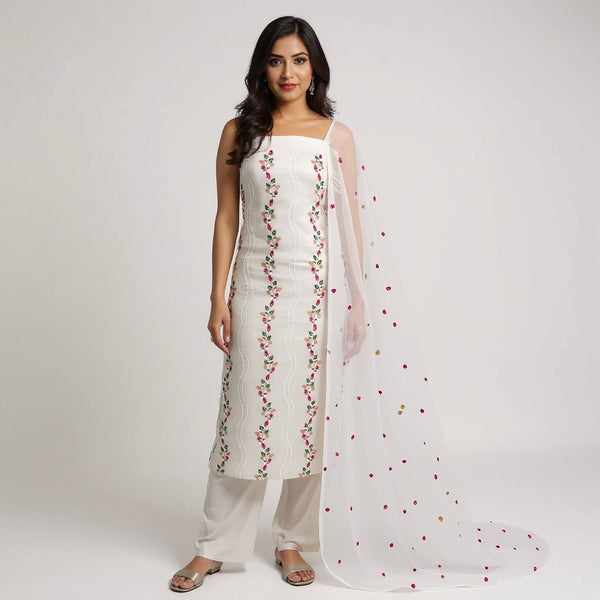 White suit with multi color Embroidered Kota doria suit