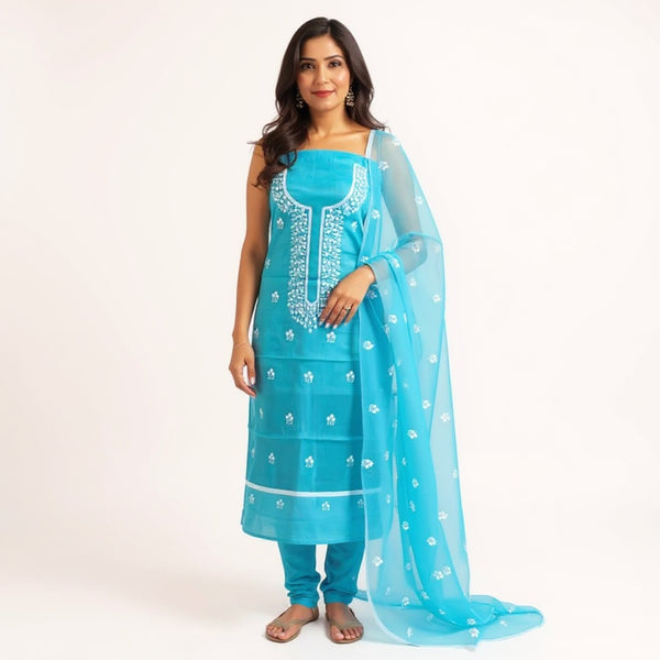 Blue suit with white color Embroidered Kota doria suit