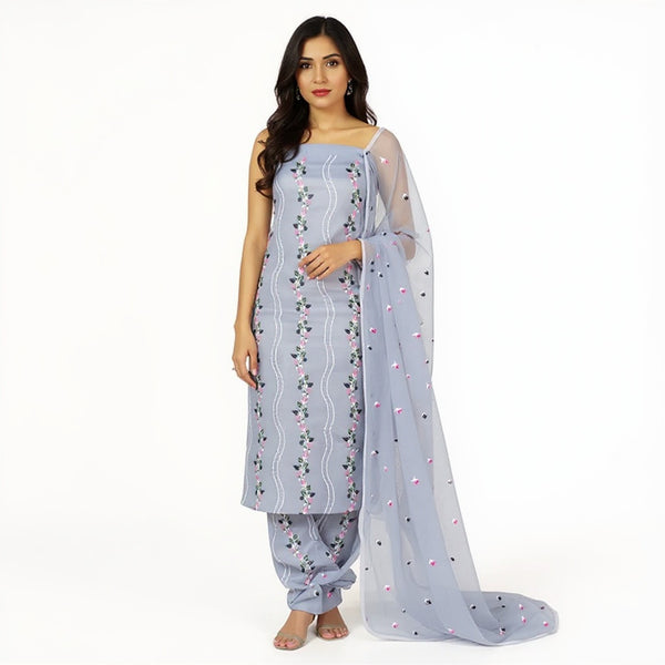 Kota Doria Unstitched Powdered blue color with multi color 2pcs embroidered suit set