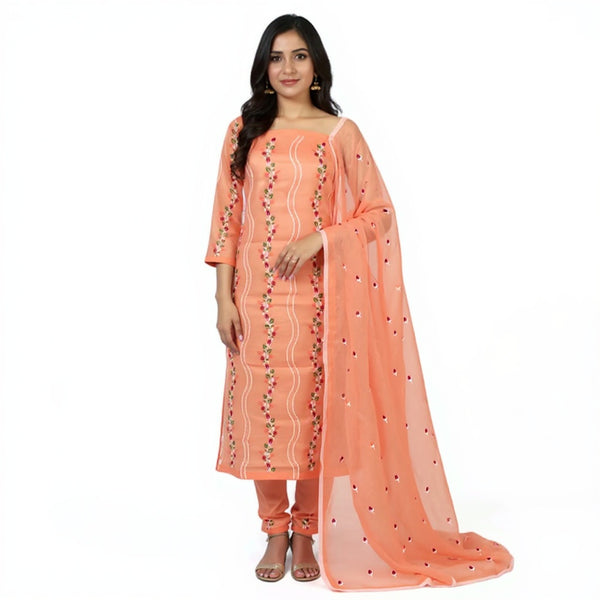 Kota Doria Unstitched Orange color with multi color embroidered 2pcs suit set
