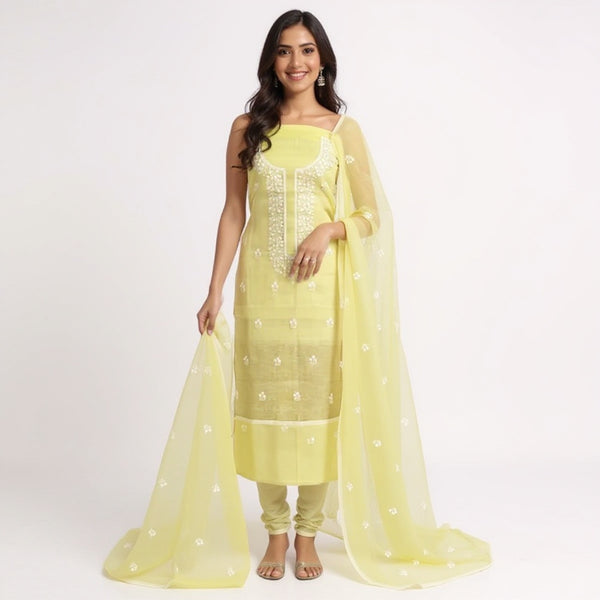 Light yellow suit with white color Embroidered Kota doria suit